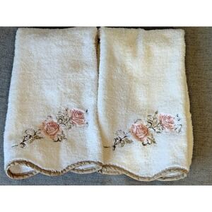Vintage Avanti Premier Egyptian Cotton Rose Hand Towels Set 2 26x16 Peach Beige